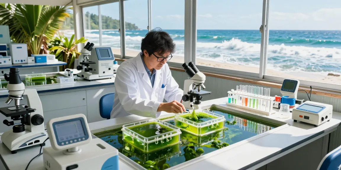 Scientist analyzing microalgae astaxanthin cultures in a coastal lab.