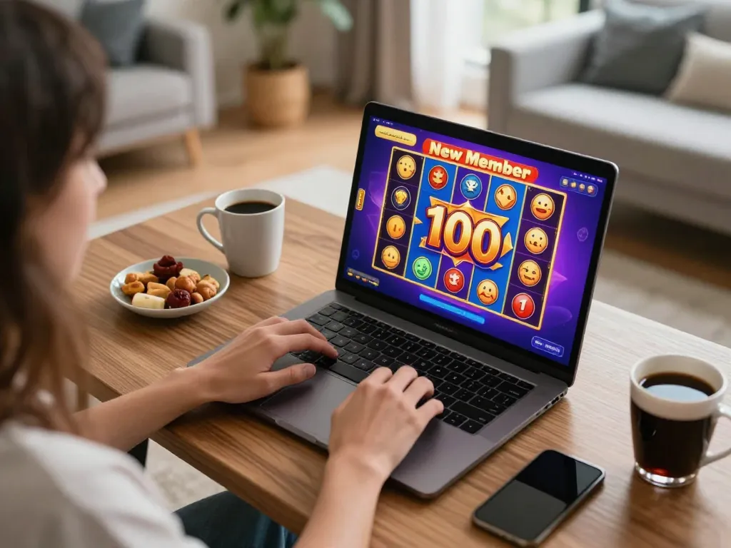 Engaged player enjoying slot bonus new member 100 in an online casino setup at home