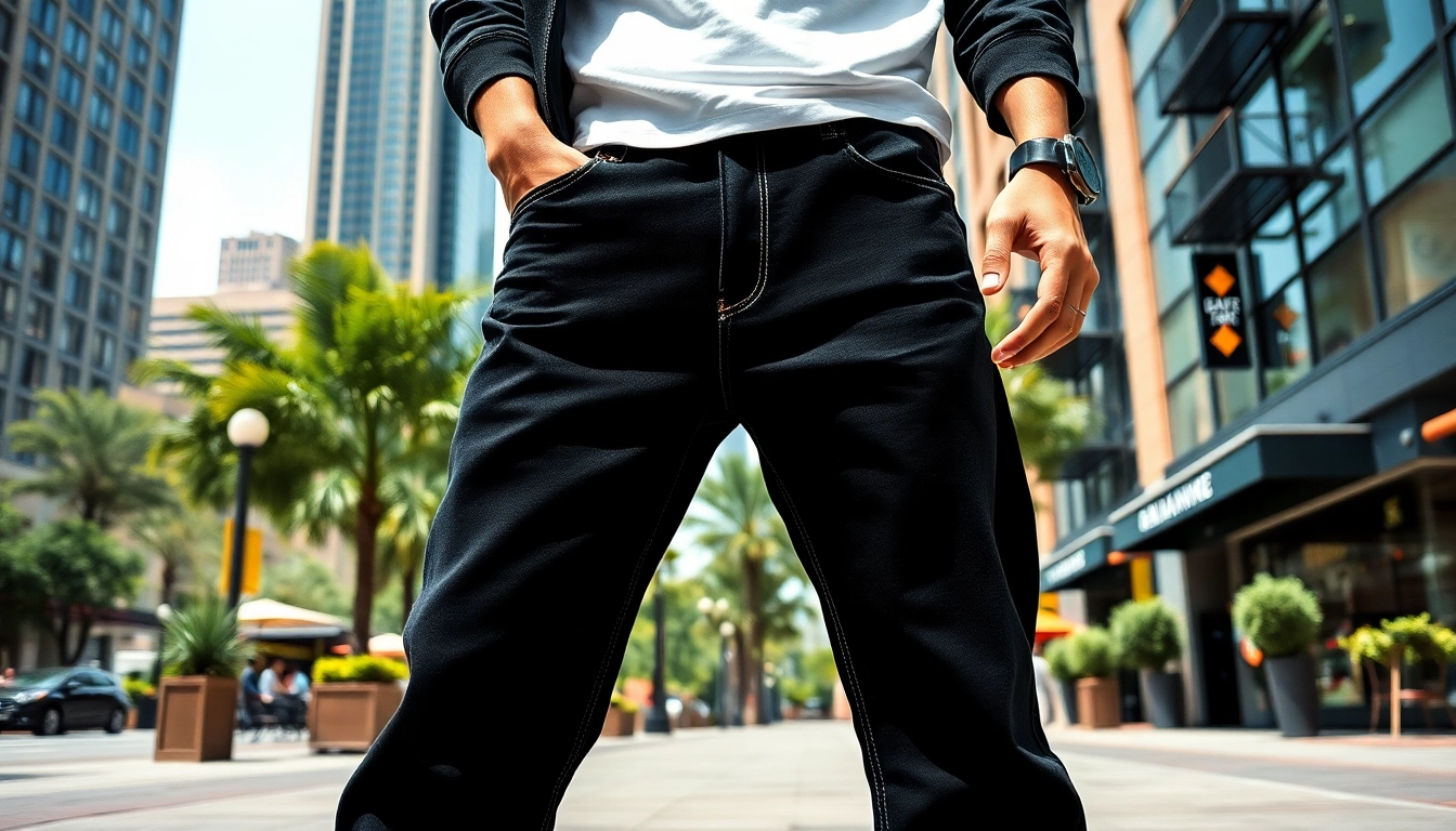 Model showcasing baggy black jeans in a vibrant urban setting, enhancing contemporary style.