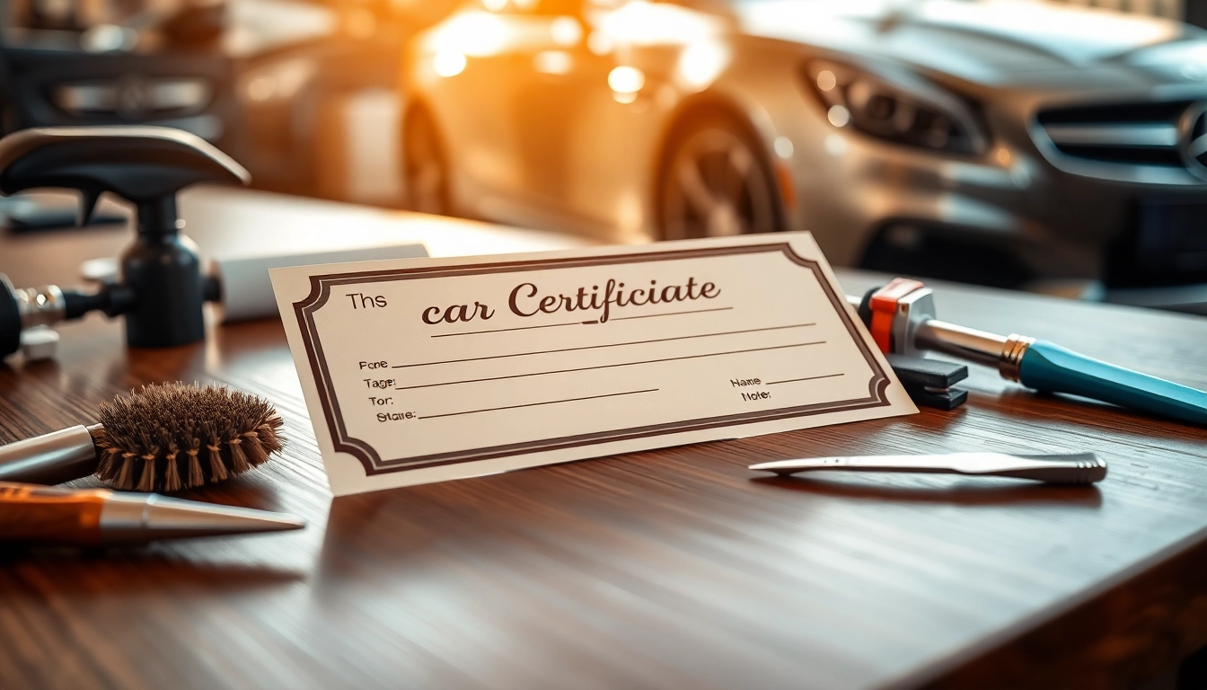 Showcase a car detailing gift certificate among detailing tools, emphasizing luxury and elegance.
