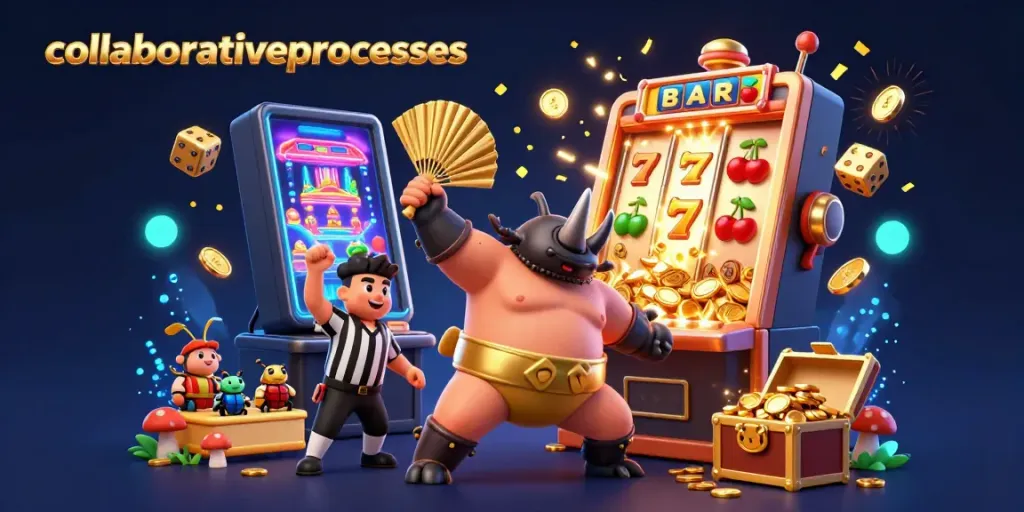 Experience collaborativeprocesses in this lively 3D casino scene with a beetle champion, coins flying, and colorful slot machine action.