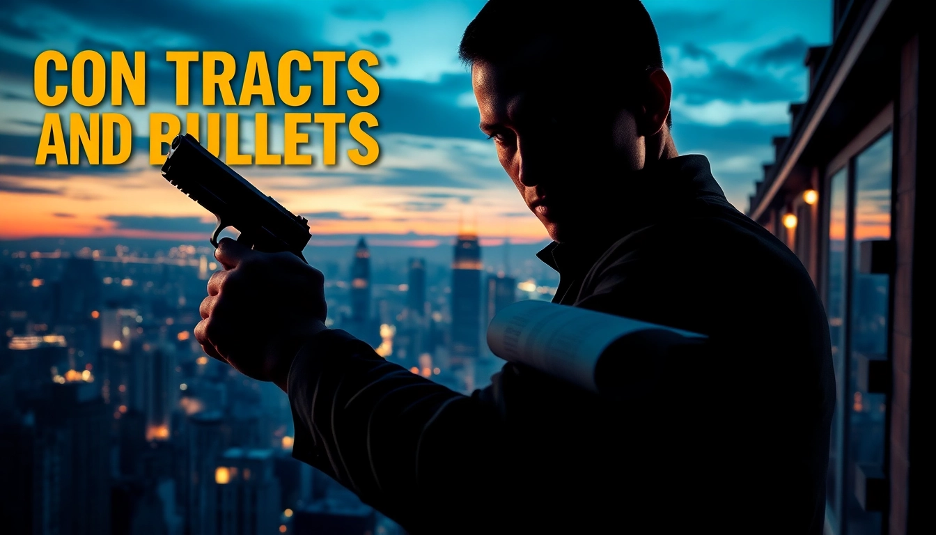 Explore the thrilling context of Contracts and Bullets with a shadowy assassin amid a city skyline.