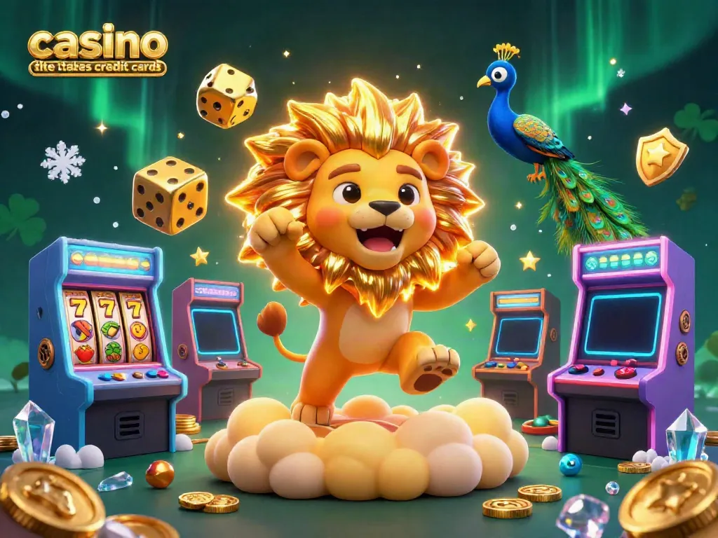 Engage in a vibrant scene showcasing a casino site that takes credit cards, featuring lively characters and gambling elements.
