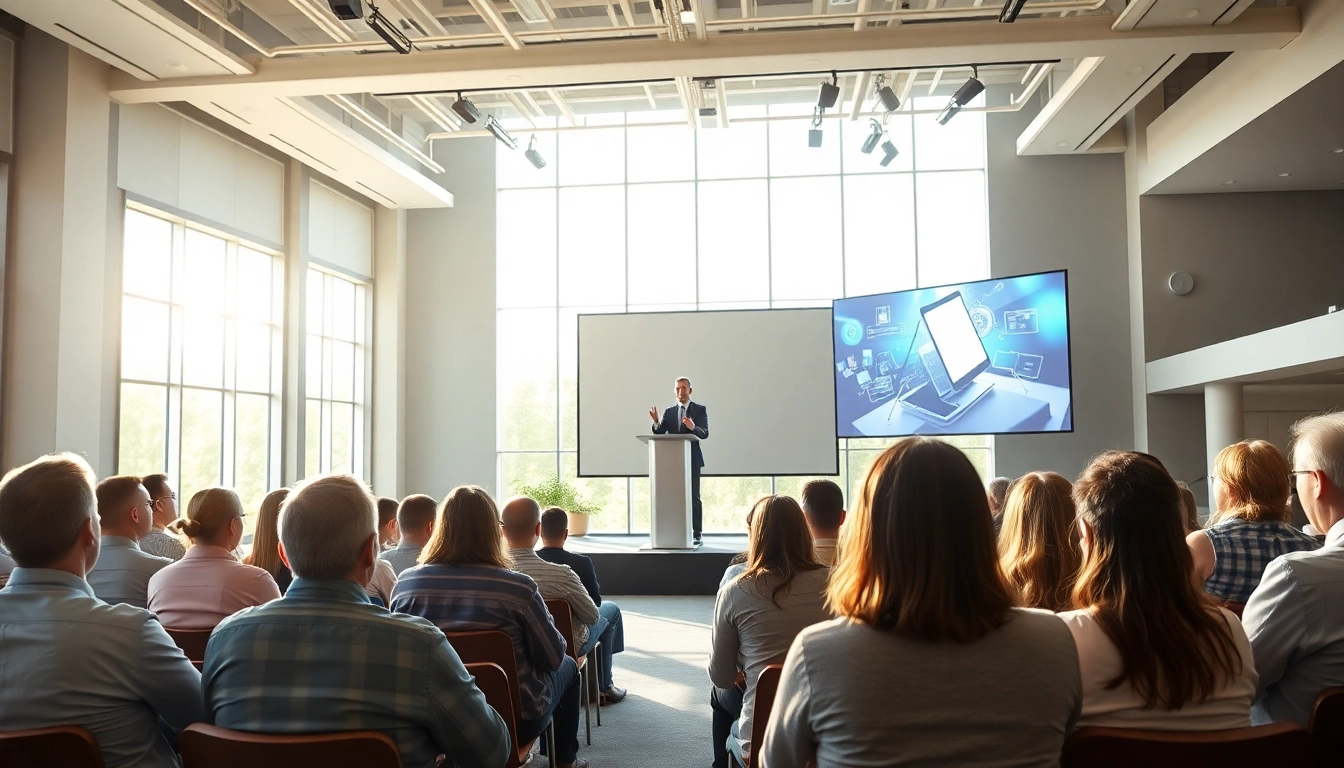 Keynote Speaker engaging an attentive audience in a bright conference setting.