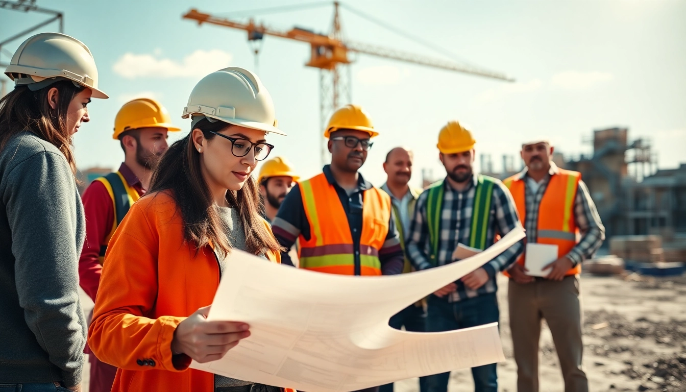 Construction career scene with diverse workers on site collaborating effectively.