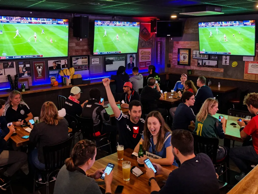 Cakhia TV live sports betting event with fans cheering in a vibrant bar atmosphere.