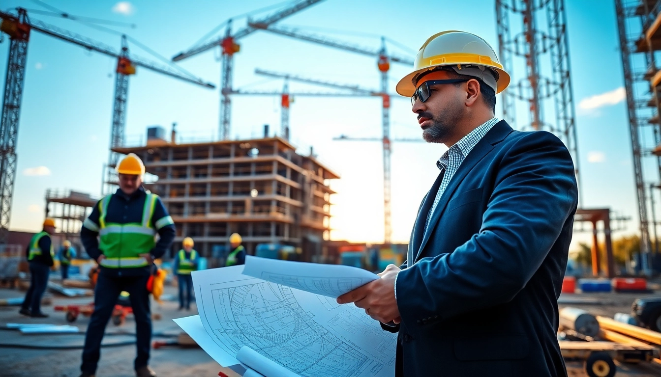 New Jersey Construction Manager overseeing an active construction site with cranes and blueprints.