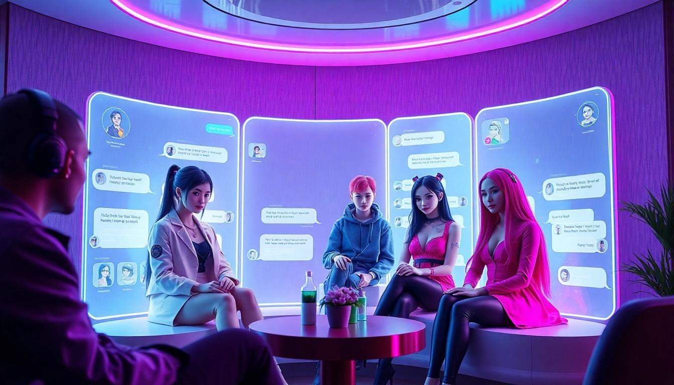 Engaging NSFW AI chat scene featuring diverse characters in a cozy, futuristic environment.