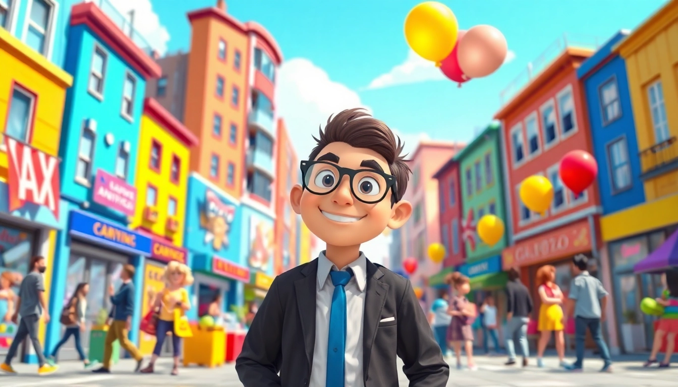 Beleben Sie eine 2D Animation in einer lebhaften Stadt mit bunten Charakteren.