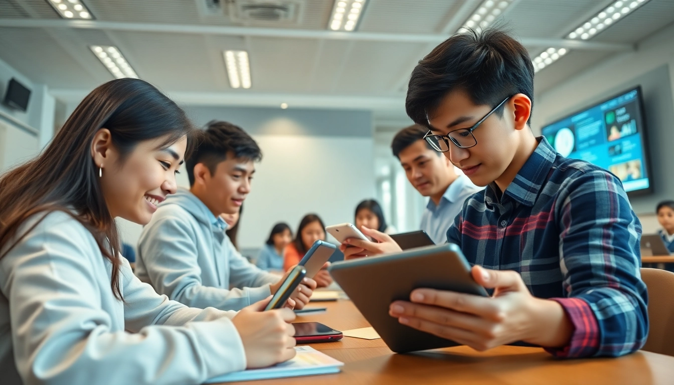 Youdao's advanced learning tools enhancing a modern classroom experience with students using digital devices.