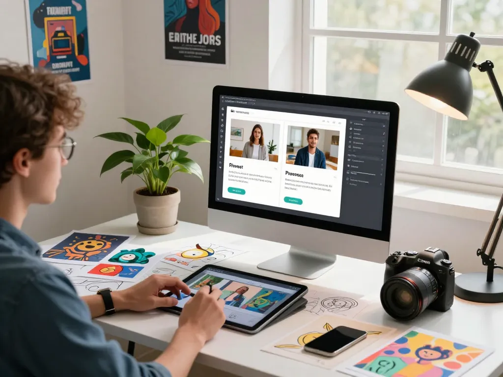 Person designing an image to prompt in a digital workspace, with creative artworks and tech interface.