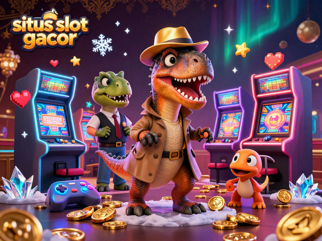 Engage with situs slot gacor through an illustrated scene of a dinosaur-themed casino