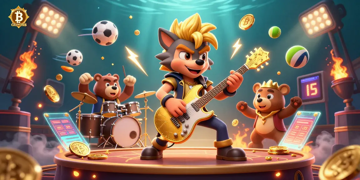 Jouer aux Bitcoin casinos avec des personnages animés sur scène, réunissant énergie et divertissement.