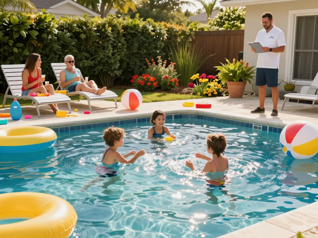 Dolphin Pool Services family enjoying a sunny pool day with clear water and vibrant toys.