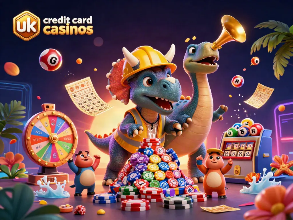 Engaging 3D illustration depicting uk credit card casinos with playful dinosaur characters celebrating and gambling elements flying around