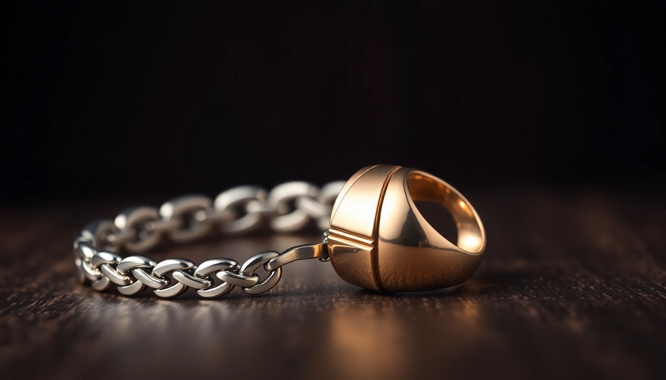 Showcasing stunning men’s jewelry, including a silver bracelet and gold ring against a dark backdrop.