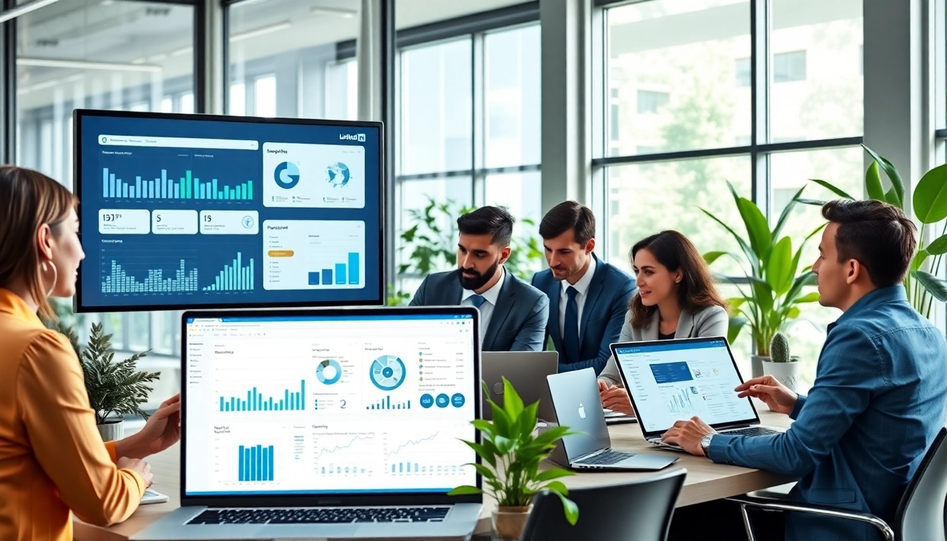 Analyze LinkedIn data extraction tool features with a diverse team in a bright office setting.