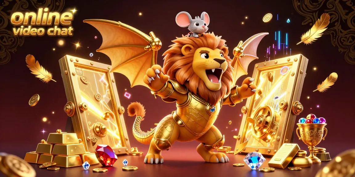 Engage in exciting online video chat with a vibrant chimera and brave mouse in a dazzling casino scene.