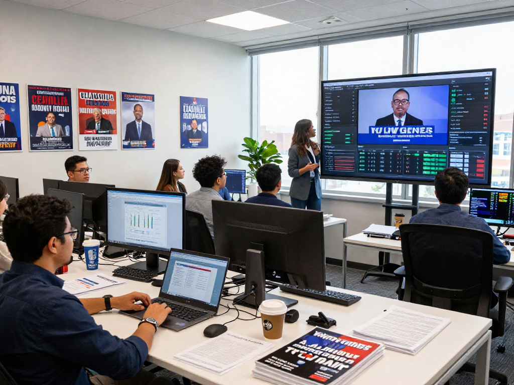Scene depicting political ad performance measurement in a collaborative campaign office setting with data analytics.