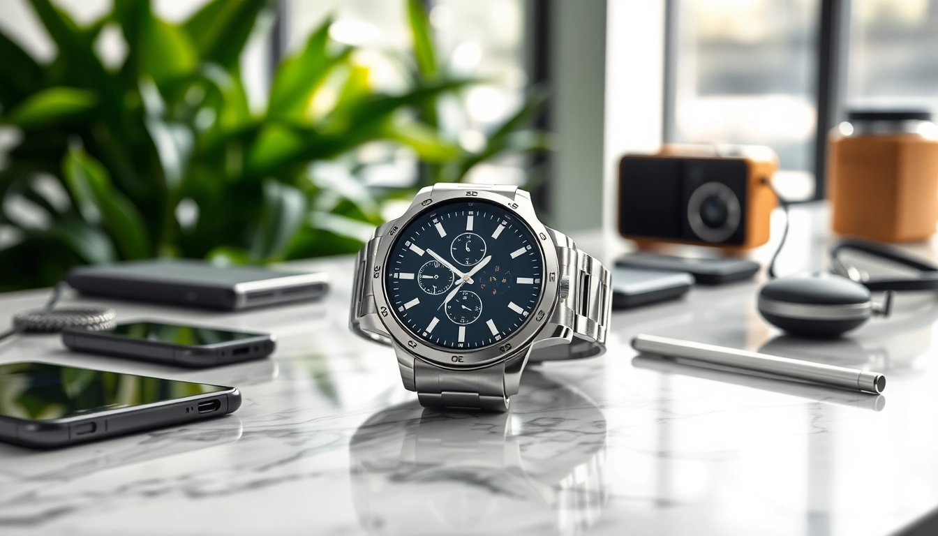 Showcasing the Finesse Smart Watch on a modern countertop amid stylish gadgets.