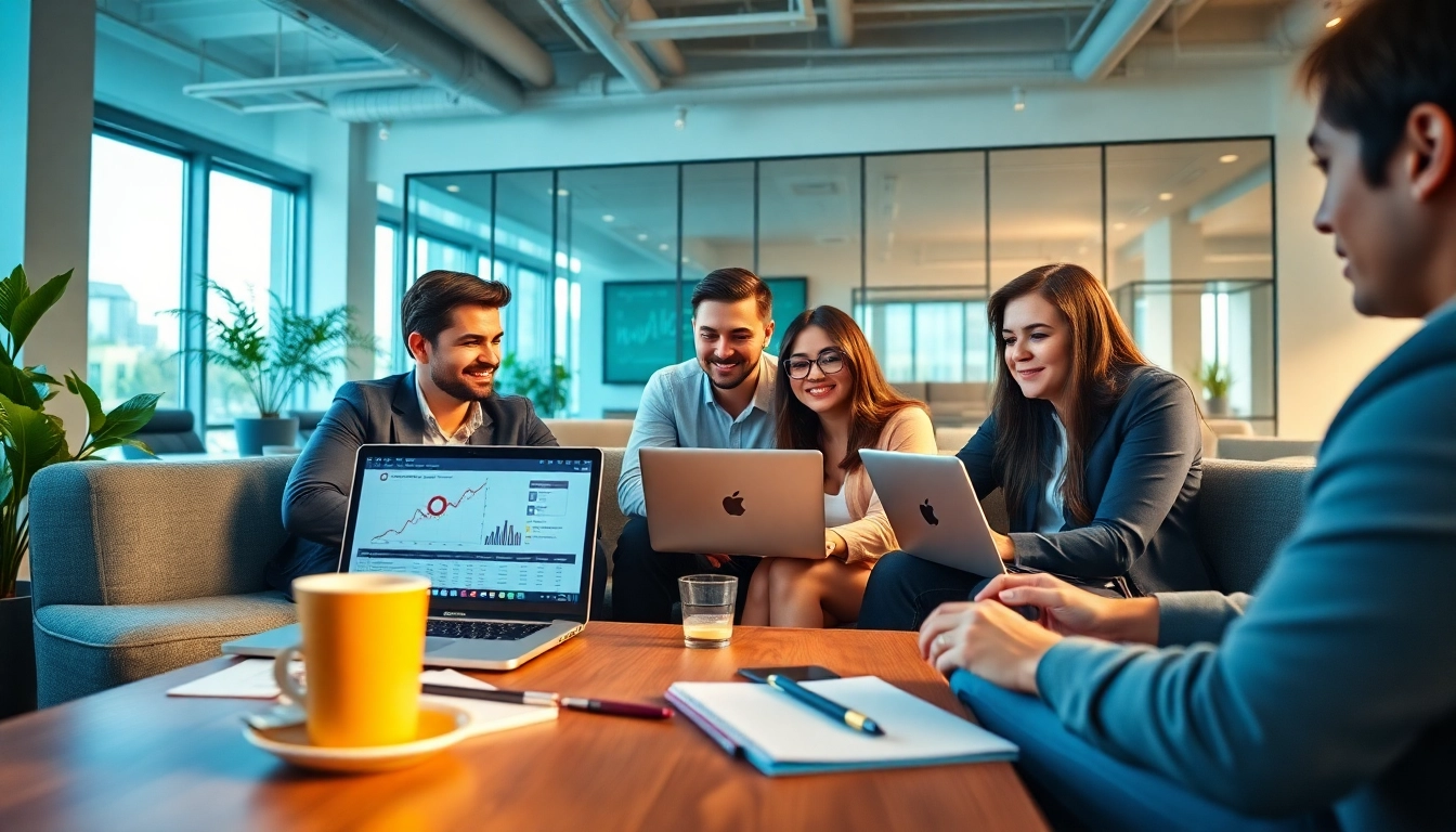 Collaborative team using agencia hubspot marketing tools in a vibrant office setting.