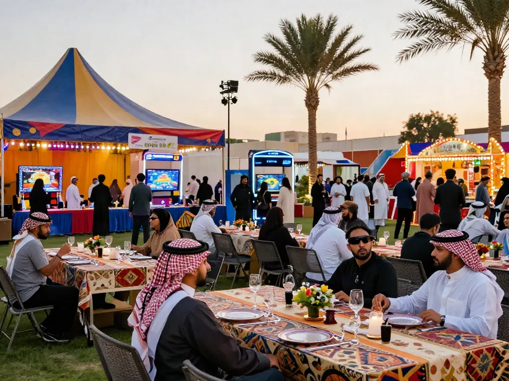 Event rentals create a vibrant festival atmosphere with guests enjoying attractions and luxury décor.