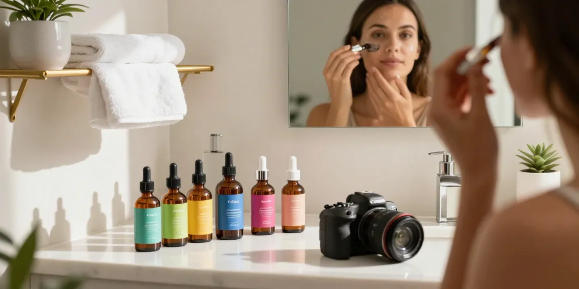 Femeie aplicând ser pentru față într-o baie luminoasă, înconjurată de produse de îngrijire a pielii colorate.