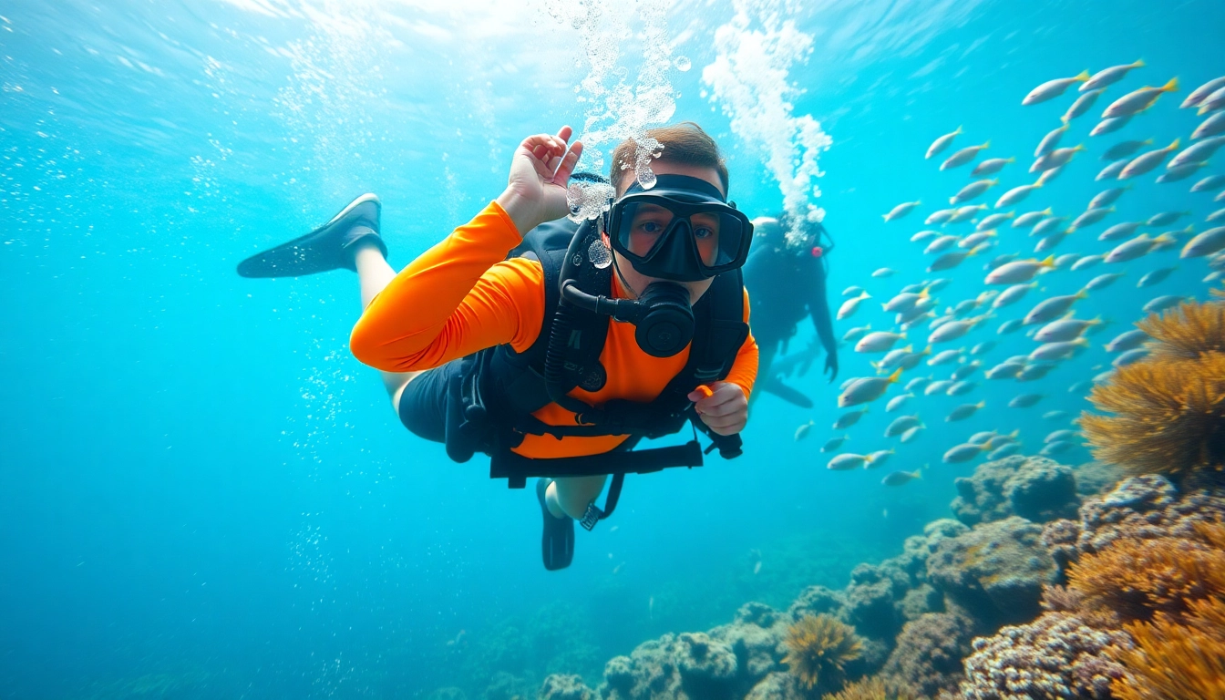 Taucher beim SSI Open Water Diver Kurs in einer bunten Unterwasserwelt mit Korallen und Fischen.