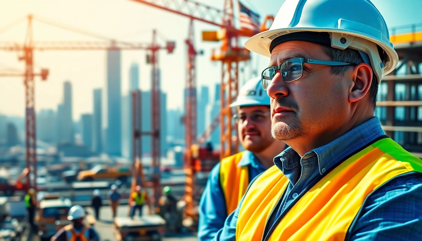 New York Construction Manager guiding a busy construction site with workers and cranes active.