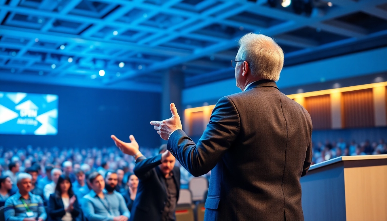 Keynote Speaker passionately engaging with an audience during a dynamic presentation.