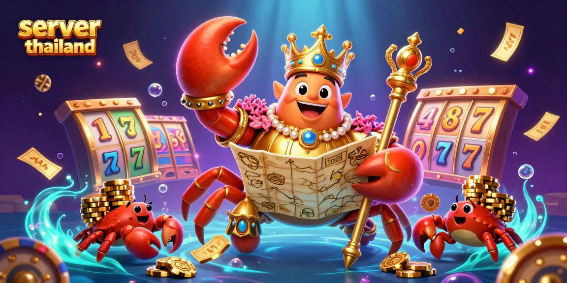 Spin the reels and win big with server thailand slots, featuring vibrant 3D golden crab and exciting game elements.