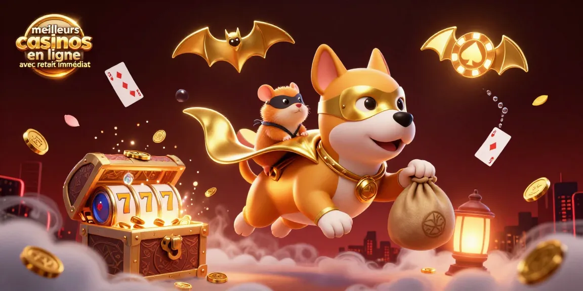 Visuel dynamique illustrant les meilleurs casinos en ligne avec retrait immédiat, avec un chien super-héros et des éléments de casino.