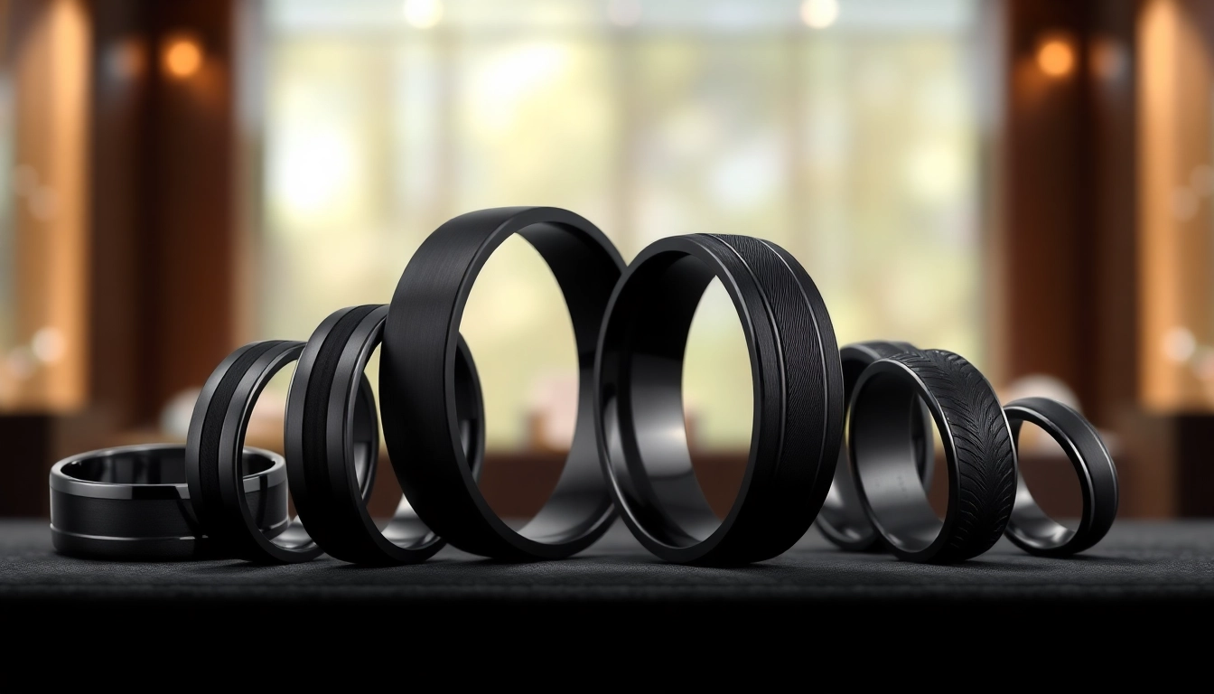 Artfully arranged black wedding rings for men emphasizing sleek designs and rich textures.