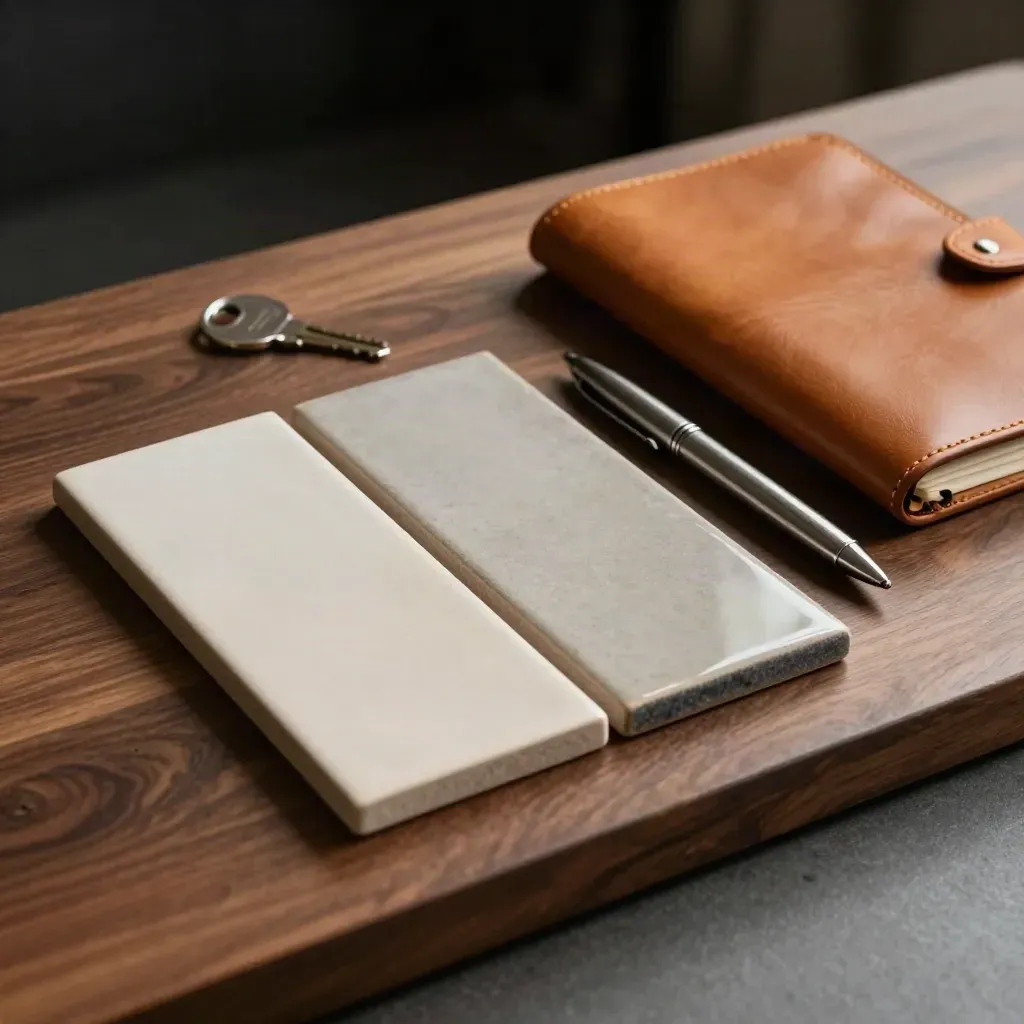 Ceramic sample tiles, a steel pen, and a leather notebook on walnut with dramatic light.