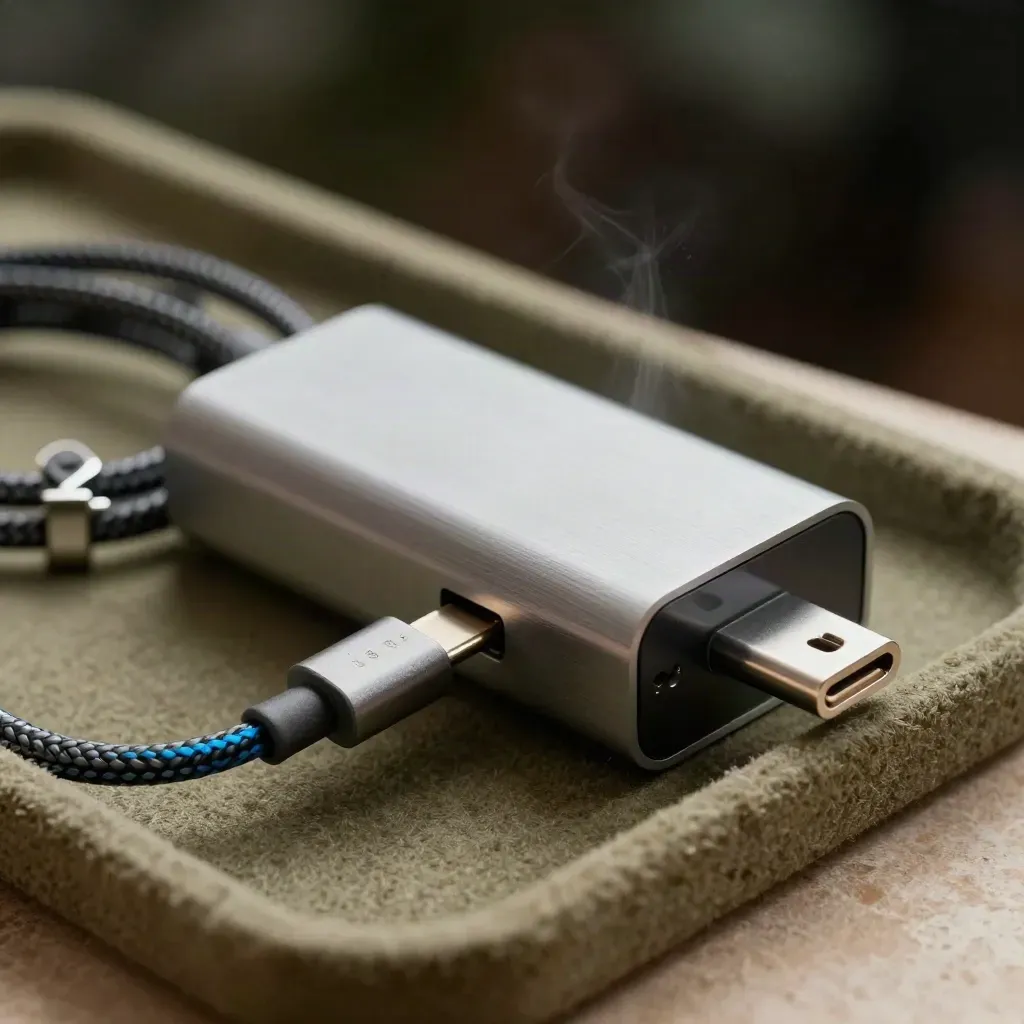 Macro overhead of a Mac Dual kit with braided cable, dock, power brick, and clip.