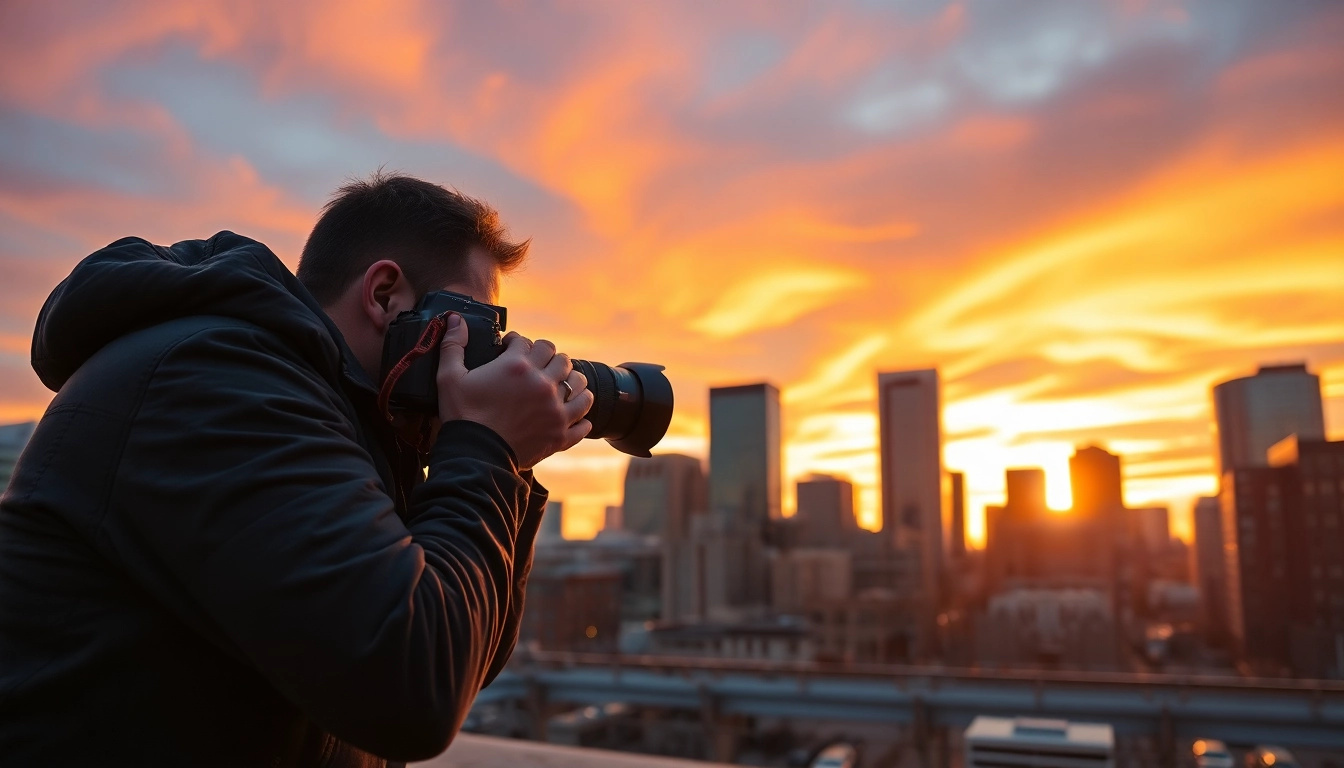 Engaging photography company edmonton showcases a photographer capturing cityscapes in vibrant sunset hues.