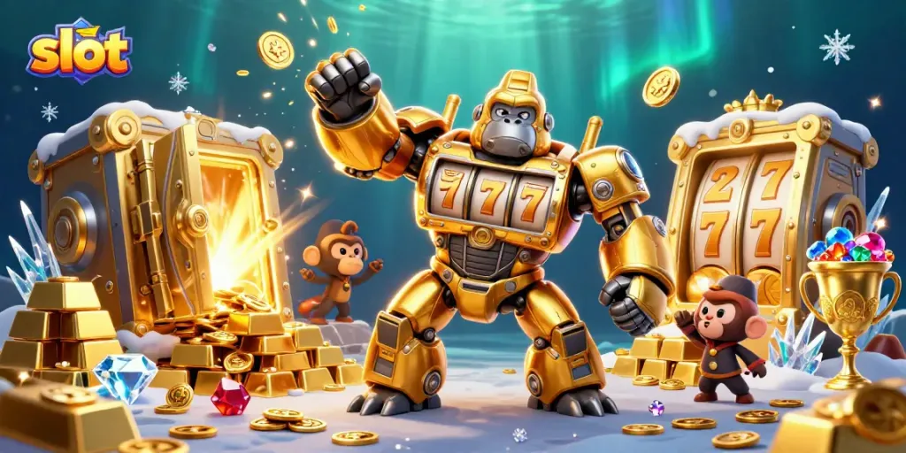Pengalaman bermain slot jackpot dengan gorila emas dan harta karun mengelilingi permainan slot.