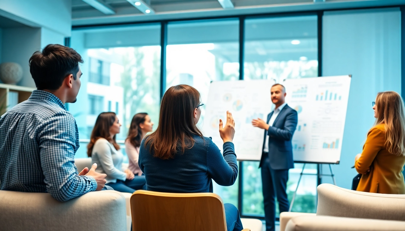 Engage in professional business coaching service with a diverse group in a modern office.