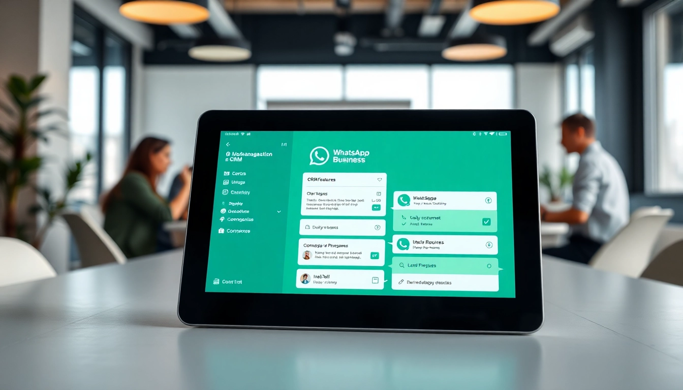 Explore features of WhatsApp Business CRM on a modern digital interface in an office.