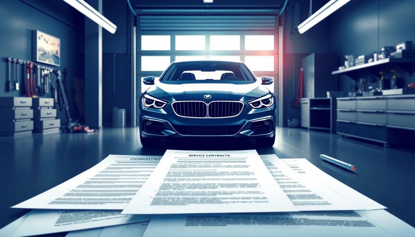 Understanding vehicle service contract with illustrated concept of a car and surrounding documentation.