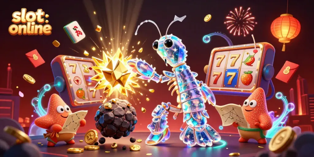 Experience slot online excitement with vibrant characters and dynamic casino elements in this 3D illustration.
