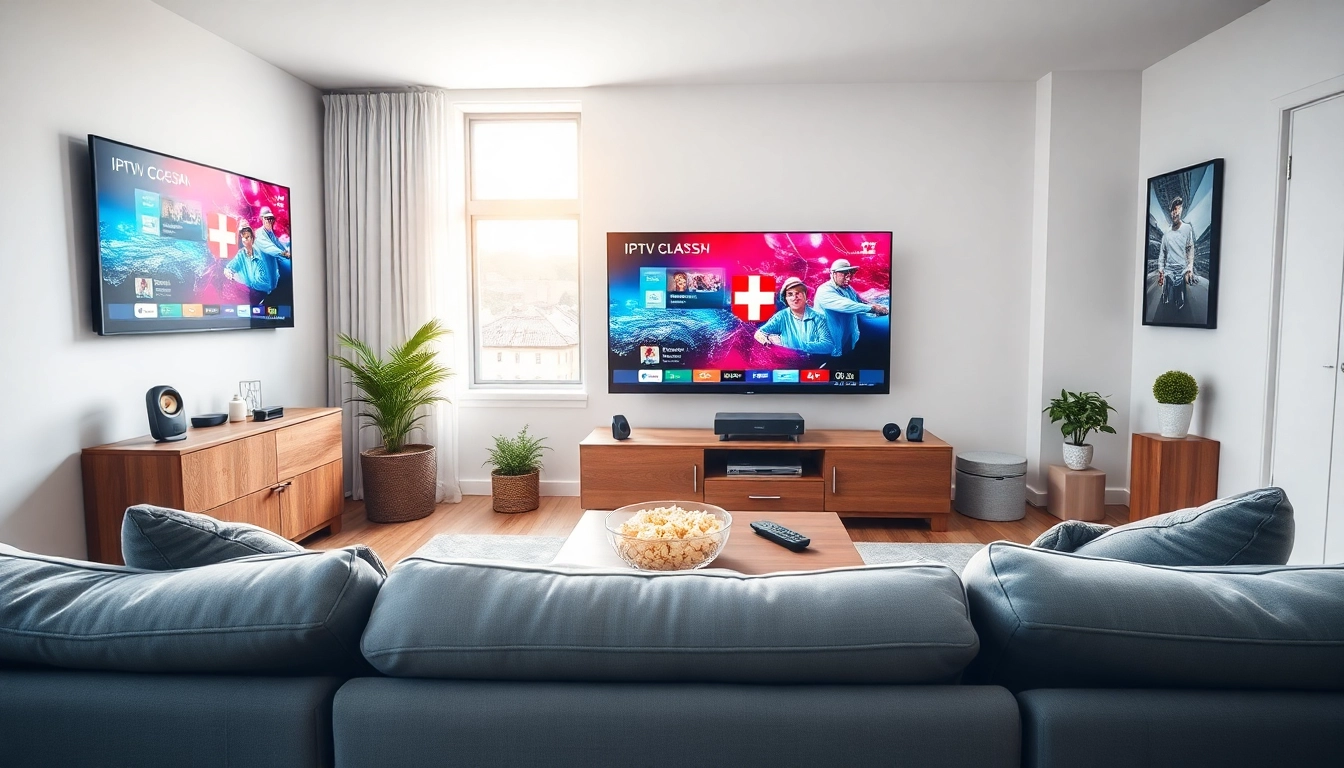 Enjoying high-quality IPTV Suisse channels in a modern living room setup with vibrant content.