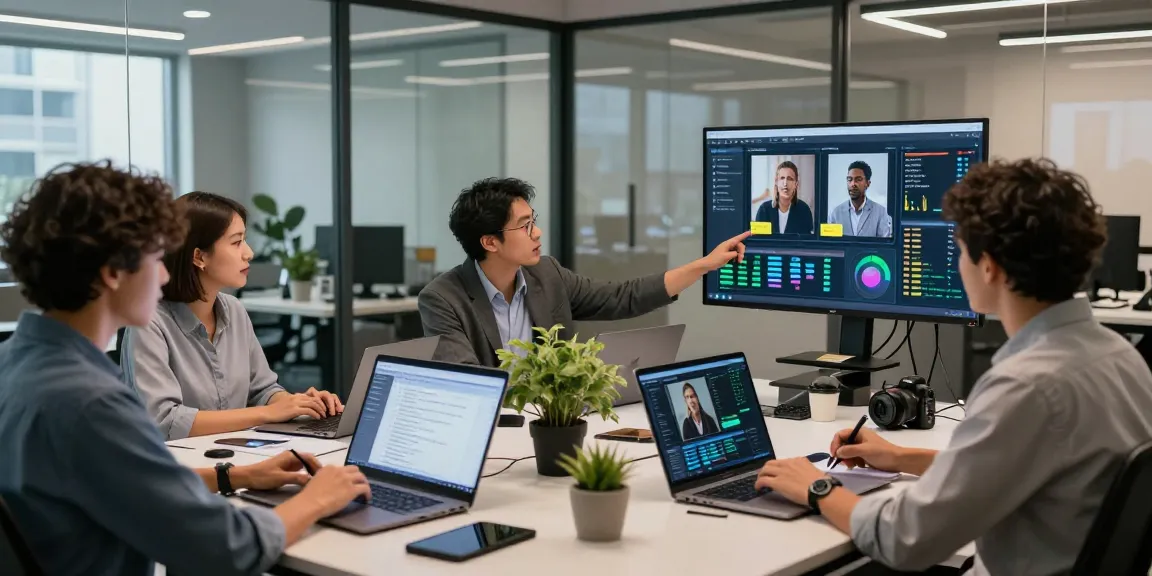 Content moderators using an ai detector in a modern office, analyzing flagged images and discussing AI detection metrics.