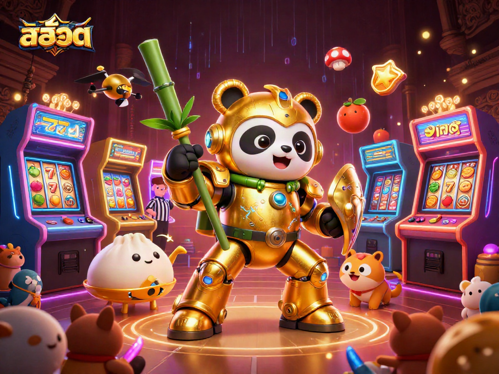 Spin สล็อต reels with a dynamic panda mech and bright casino elements in a vibrant arena.