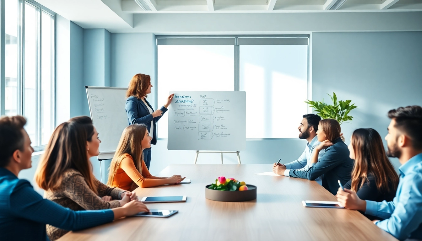Engaging business coaching service session with diverse entrepreneurs absorbing strategies in a bright office.