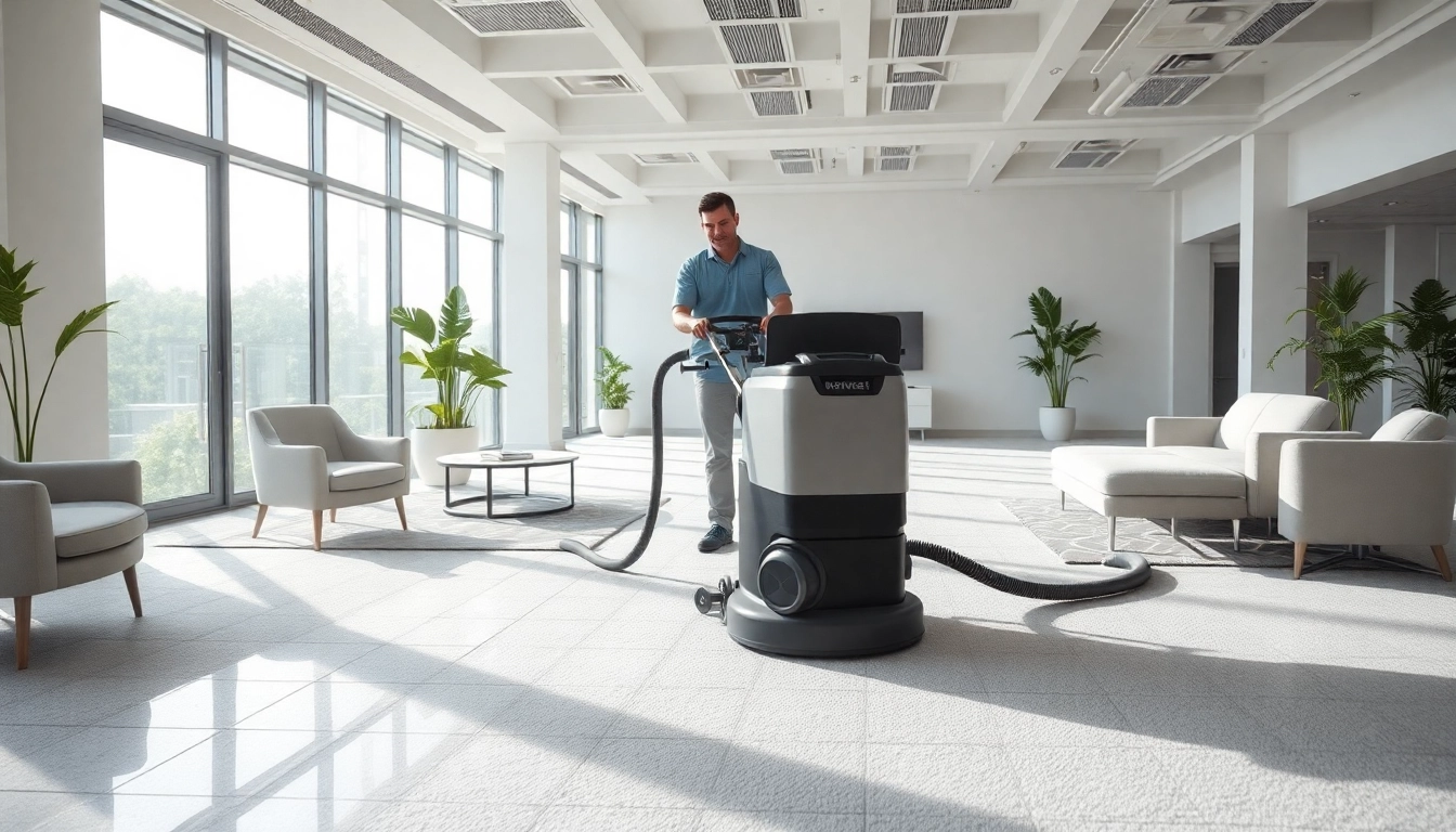 Commercial carpet cleaners efficiently working in a bright office setting with modern furniture.