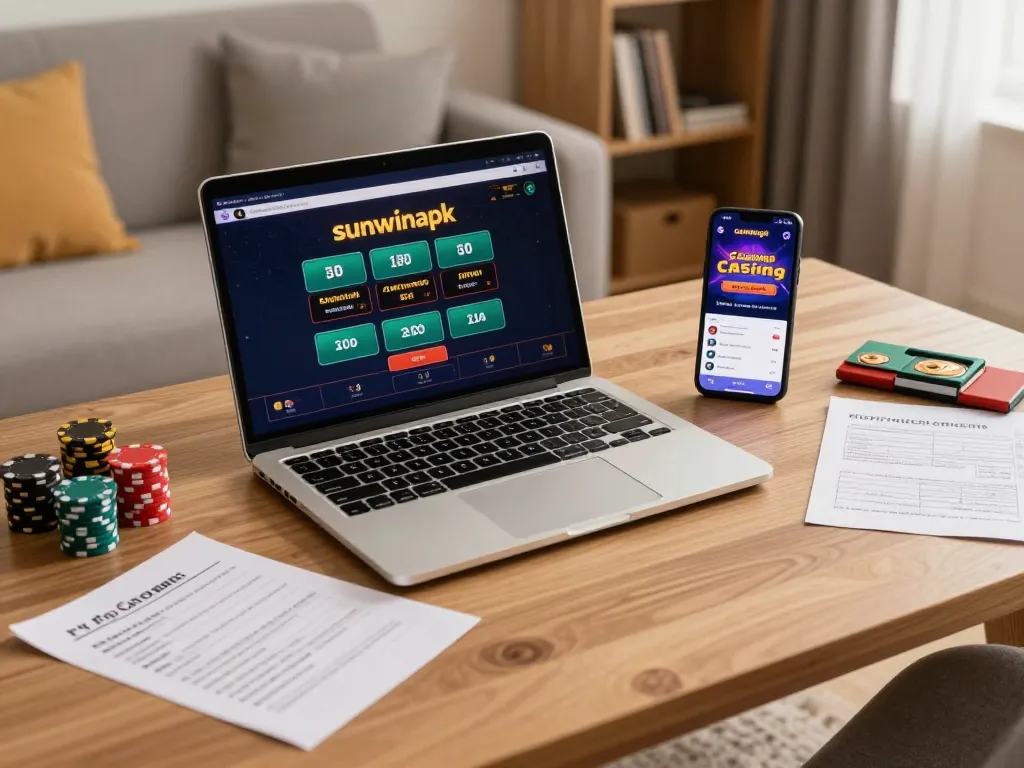 Engaging gameplay on sunwinapk app showcased on laptop and mobile device in cozy home setting