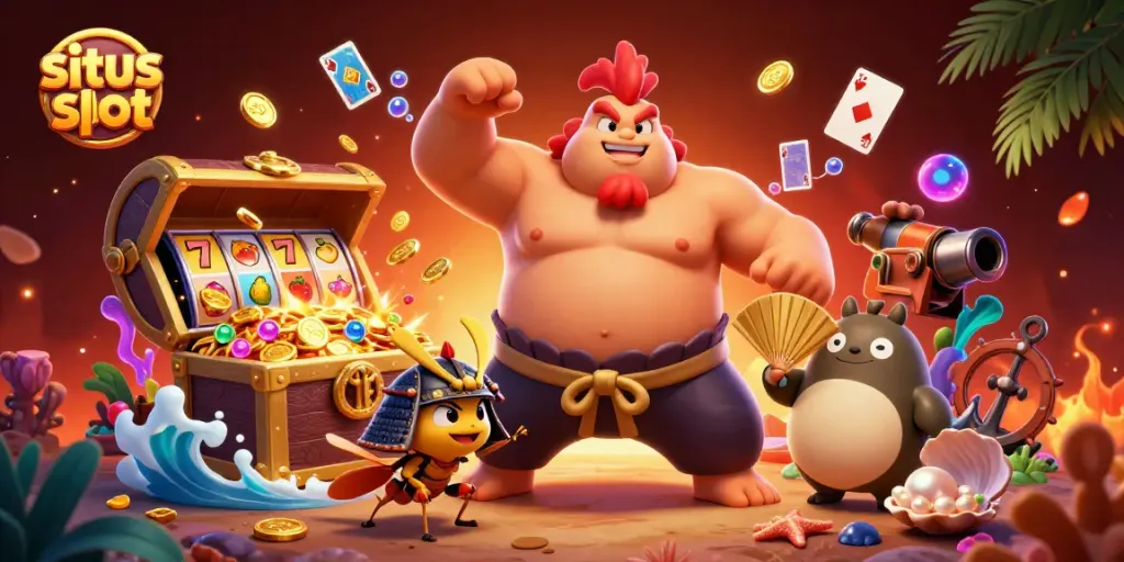Engage with situs slot action in a vibrant, cartoonish casino scene featuring dynamic slot elements.