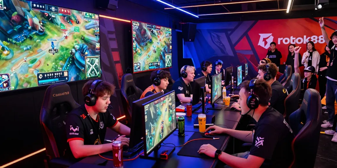 Exciting rokok88 esports competition scene with diverse gamers, LED lights, and cheering spectators.