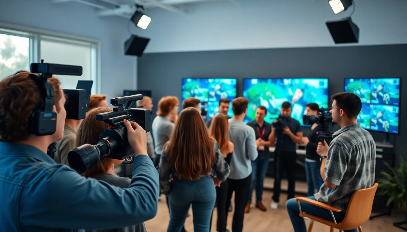 Video production team working collaboratively in a modern studio demonstrating edmonton production companies' expertise.